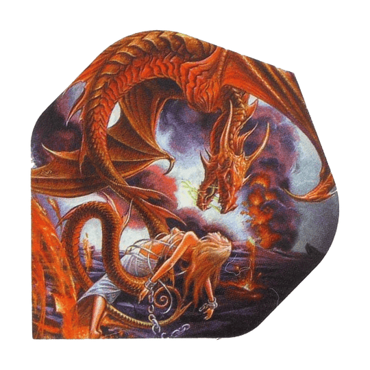 Auf dem Bild ist ein roter Drache zu sehen, der Feuer speit. Vor ihm kniet eine gefesselte Frau, während im Hintergrund Lava und Rauch aufsteigen.