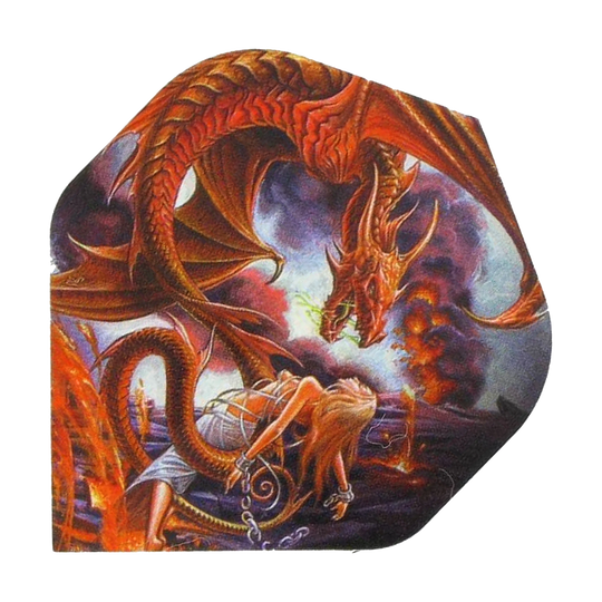 Alchemy Forge Of Vesuvius No2 Standard Flights Auf dem Bild ist ein roter Drache zu sehen, der Feuer speit. Vor ihm kniet eine gefesselte Frau, während im Hintergrund Lava und Rauch aufsteigen.