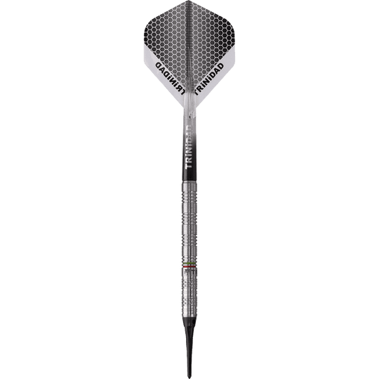 D7622_Trinidad_Jose_De_Sousa_Type_3_Softdarts_1gtmMkGZGUtt2G Das Bild zeigt den Trinidad Jose De Sousa Type 3 Softdart mit einem Gewicht von 18g. Der Dartpfeil hat ein silbernes Barrel und eine Flight mit Wabenmuster und der Aufschrift "TRINIDAD".