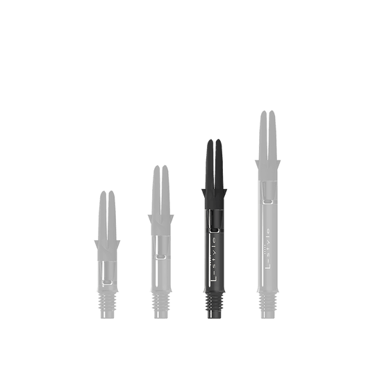 Auf dem Bild sind drei schwarze Carbon-Shafts für Dartpfeile in unterschiedlichen Längen zu sehen. Sie stehen nebeneinander aufrecht aufrecht und besitzen alle denselben Aufbau.