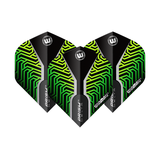 Winmau Prism Delta Kairos No2 Standard Flights Green Das Bild zeigt drei Dart-Flights des Modells "Winmau Prism Delta Kairos No2 Standard" in Grün. Die Flights haben ein auffälliges Muster in Grün und Schwarz mit weißen Akzenten und dem Winmau-Logo.