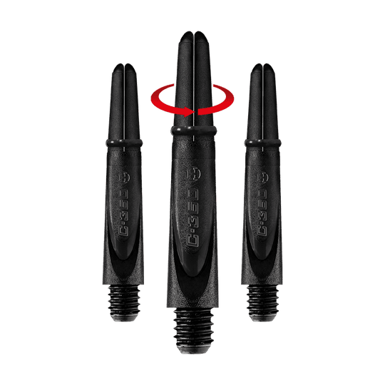 HR458_Harrows_Carbon_360_Shafts_Schwarz_35mm_1-_Symbol Das Bild zeigt drei schwarze Harrows Carbon 360 Shafts für Dartpfeile. Über dem mittleren Shaft ist ein roter Pfeil, der eine Drehbewegung anzeigt.