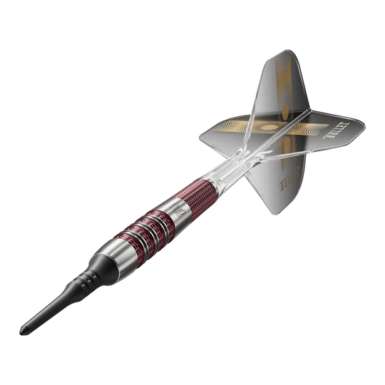 Target Stephen Bunting 95K Soft Darts - 19g Das Bild zeigt einen Target Stephen Bunting 95K Softdart mit einem Gewicht von 19 Gramm. Der Dartpfeil hat ein schwarzes Flight mit goldenen Verzierungen und einen rot-silbernen Griff.