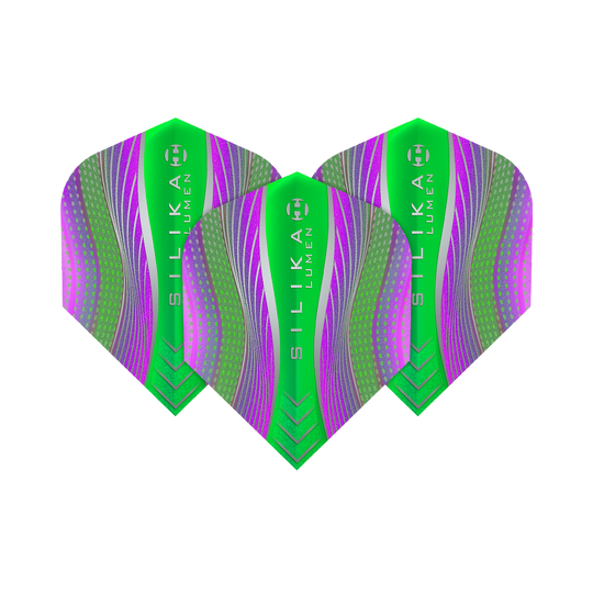 HF5125_Harrows_Silikia_Lumen_Purple_Green_No6_Flights_1yJ34B48Q5pQhO Das Bild zeigt drei Harrows Silika Lumen Purple Green No6 Flights. Die Flights sind in leuchtenden Grün- und Lilatönen mit modernen Mustern gestaltet.
