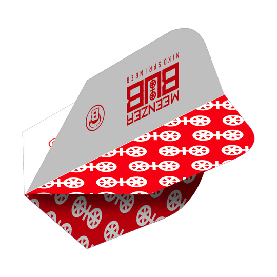 Das Bild zeigt ein Bulls X-Powerflite Niko Springer XXL B-Standard Flight für Dartpfeile. Das Flight ist in Grau und Rot gestaltet und mit auffälligen Mustern sowie dem Namen des Spielers bedruckt.