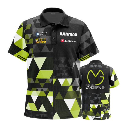 Winmau Michael Van Gerwen fan edition polo shirt Das Bild stellt das Winmau Michael Van Gerwen Fan-Edition Poloshirt dar. Es ist ein spezielles Fan-Shirt im Stil von Michael Van Gerwen.