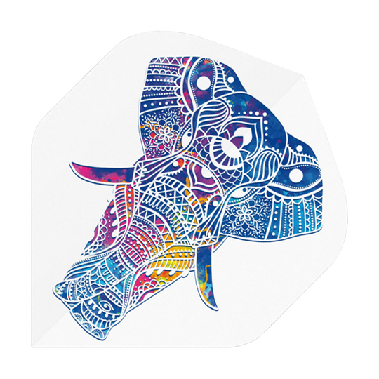 P74_Pentathlon_Metro_Elephant_Standard_Flights_1 Das Bild zeigt ein Dartflight mit einem bunten, kunstvoll verzierten Elefantenkopf als Motiv. Der Hintergrund ist weiß und das Produkt heißt "Pentathlon Metro Elephant Standard Flights".