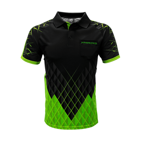 HRS-26333_Harrows_Paragon_Dartshirt_Gr-n_1 Harrows Paragon Dartshirt in auffälliger Farbe. Das Shirt ist flach und frontal dargestellt.