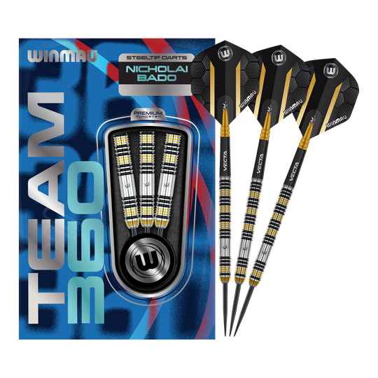 Winmau Team 360 Nicholai Bado Steeldarts - 23g Das Bild zeigt die Winmau Team 360 Nicholai Bado Steeldarts mit 23 Gramm. Diese Darts sind für Präzision und Leistung im Spiel entwickelt.