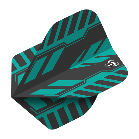 Bulls B-Star Veco No2 Standard Flights Das Bild zeigt das Produkt "Bulls B-Star Veco No2 Standard Flights". Es hat ein modernes, grafisches Design in Schwarz und Türkis mit einem weißen "B"-Logo.