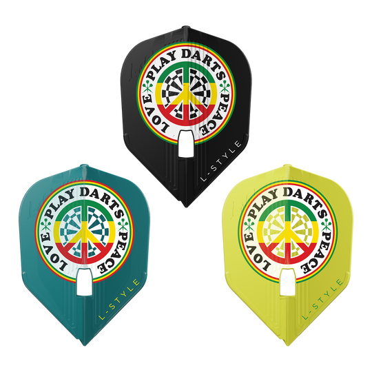 L-STyle Deta Hedman V4 Mix KAMI Flights Das Bild zeigt drei bunte Dart-Flights der Marke L-Style mit dem Design "Deta Hedman V4 Mix KAMI". Auf jedem Flight steht "LOVE PLAY DARTS PEACE" um ein Peace-Zeichen mit Dartboard-Muster.