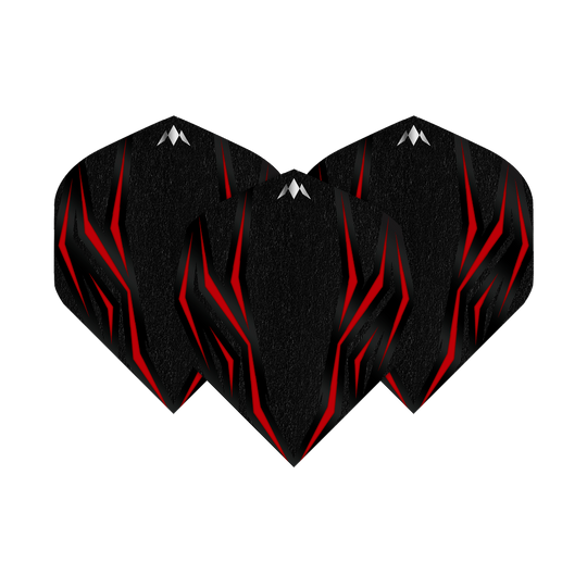Mission Lava Red No2 Standard Flights Das Bild zeigt drei schwarze Dartflights mit roten, lavaähnlichen Mustern. Die Flights sind das Modell "Mission Lava Red No2 Standard Flights".