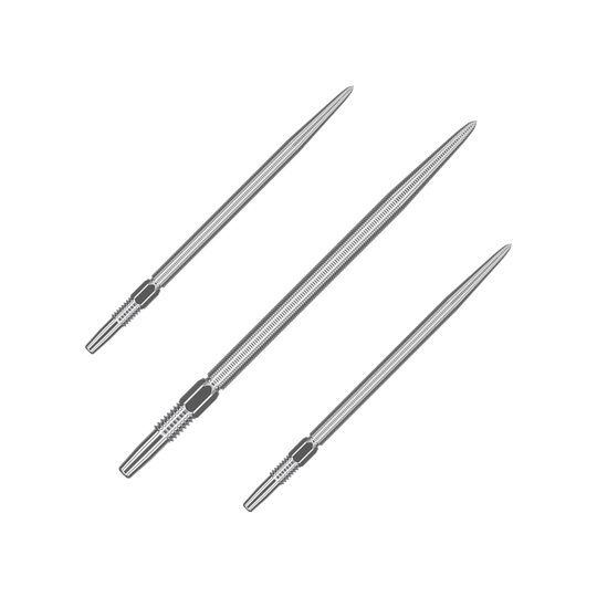 Das Bild zeigt drei silberne Dartspitzen, die nebeneinander angeordnet sind. Sie sind lang, schmal und haben gerillte Bereiche am hinteren Ende.