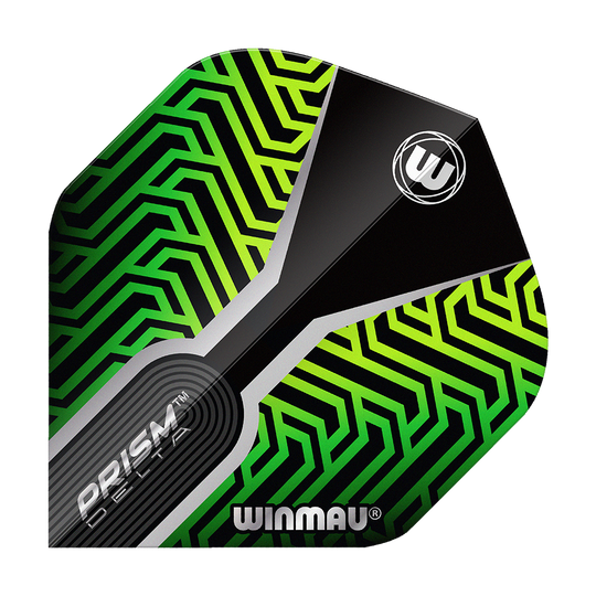 Winmau Prism Delta Kairos No2 Standard Flights Green Das Bild zeigt ein Dartflight mit dem Namen "Winmau Prism Delta Kairos No2 Standard Flights Grün". Das Flight hat ein auffälliges grünes und schwarzes geometrisches Muster mit dem Winmau-Logo.