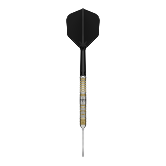 Target Japan Black Marque Reyn GEN2 steel darts Das Bild zeigt einen Steeldart mit schwarzem Flight und gold-silbernem Barrel. Es handelt sich um das Produkt "Target Japan Black Marque Reyn GEN2 Steeldarts".