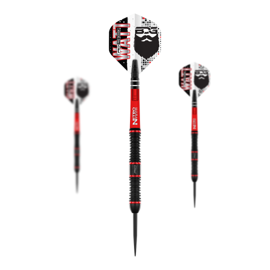 Red Dragon Jason Watt Steel Darts - 22g Das Bild zeigt drei Steeldarts des Modells "Red Dragon Jason Watt" mit einem Gewicht von 22g. Die Darts sind schwarz-rot und haben Flights mit einem Bartmotiv und der Aufschrift "WATT".