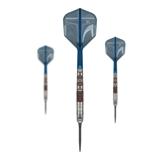 Target Star Wars Mandalorian 95 Swiss Point Steeldarts sind auf dem Bild zu sehen. Es handelt sich um spezielle Steeldarts mit Mandalorian-Design.