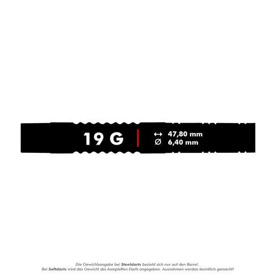 06033_Unicorn_Autograph_Softdarts_5_19g Das Bild zeigt Informationen zu den Unicorn Autograph Softdarts mit einem Gewicht von 19 Gramm. Die Darts haben eine Länge von 47,80 mm und einen Durchmesser von 6,40 mm.