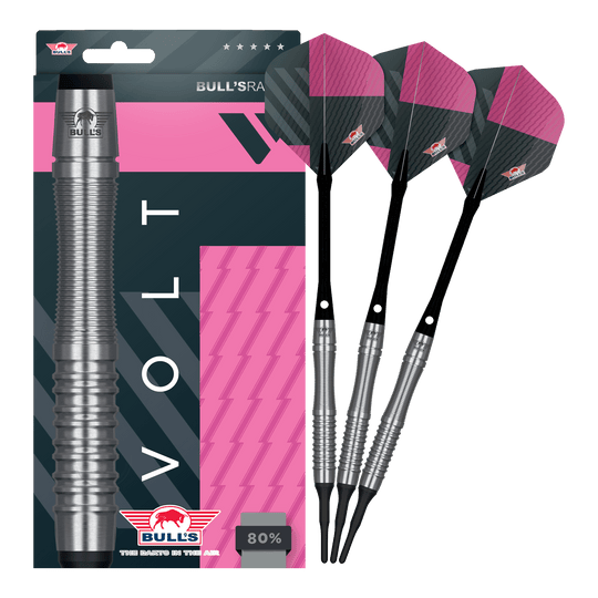 Abgebildet wird das komplette Set Bulls NL Volt Pink Softdarts - 19g. Die Darts sind stylisch designt.