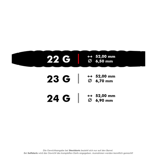 Das Bild zeigt die technischen Daten von Steeldarts in drei verschiedenen Gewichtsklassen: 22g, 23g und 24g. Alle Darts haben eine Länge von 52,00 mm, aber unterschiedliche Durchmesser je nach Gewicht.
