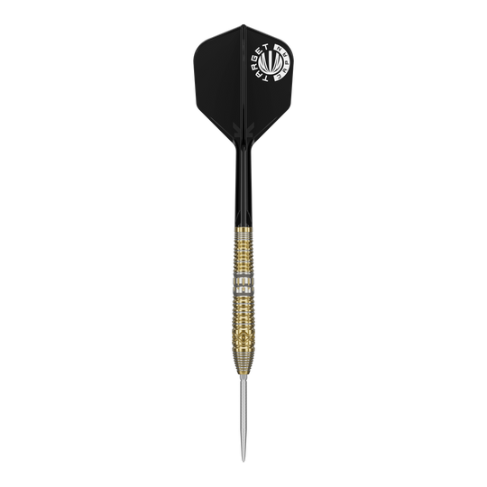 Target Japan Hot Shot GEN2 steel darts - 23g Das Bild zeigt einen Target Japan Hot Shot GEN2 Steeldart mit einem Gewicht von 23g. Der Dart hat eine goldene, strukturierte Spitze und schwarze Flights.
