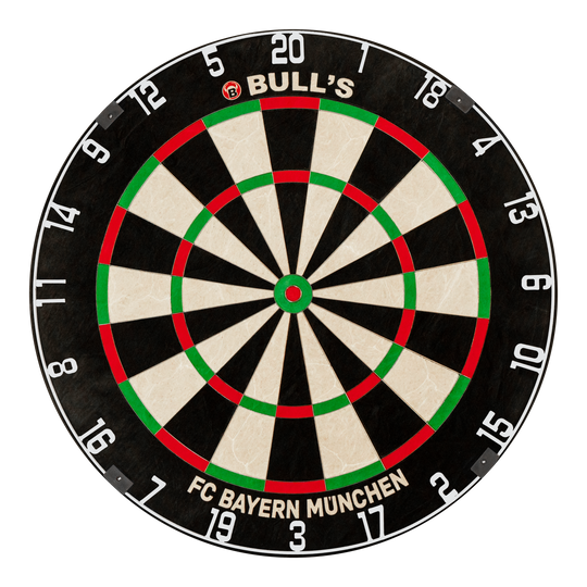 Bulls FC Bayern Munich Bristle steel dartboard Auf dem Foto ist das Bulls FC Bayern München Bristle Steeldartboard zu sehen. Diese Dartscheibe ist mit dem Branding des FC Bayern München gestaltet.