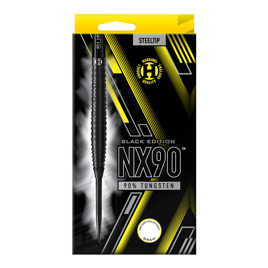 Harrows NX90 Black Edition steel darts Die Abbildung zeigt die Verpackung der "Harrows NX90 Black-Edition Steeldarts". Auf der Packung steht, dass die Darts aus 90% Tungsten bestehen.