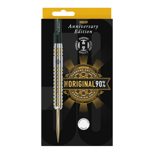 Harrows Anniversary Edition The Original Steeldarts Auf dem Bild ist eine Packung mit einem Steeldart der Marke Harrows zu sehen. Die Verpackung zeigt die Aufschrift „Anniversary Edition“ und „The Original 90%“.