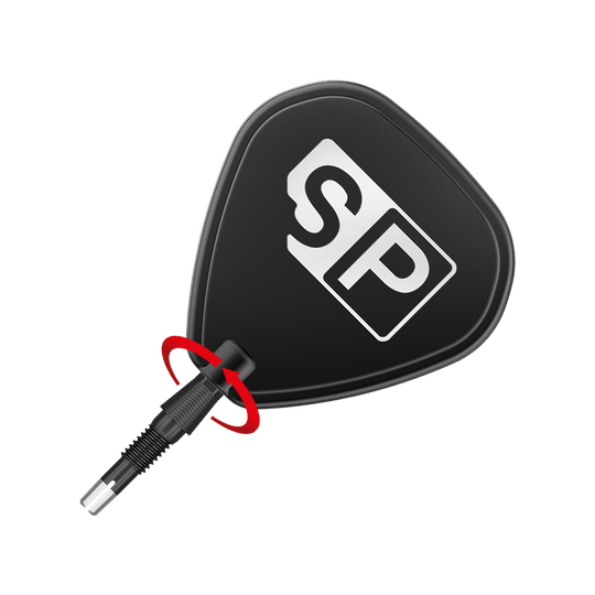 340083_Target_Swiss_Storm_Nano_Point_Dartspitzen_Schwarz_3_SP Das Bild zeigt eine schwarze Dartspitze mit dem Aufdruck "SP". Ein roter Pfeil deutet auf eine Drehbewegung am unteren Teil der Spitze hin.