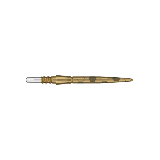 Das Bild zeigt eine goldfarbene Dartspitze mit feinen eingravierten Mustern. Sie hat eine schlanke, spitz zulaufende Form und ist 26 mm lang.