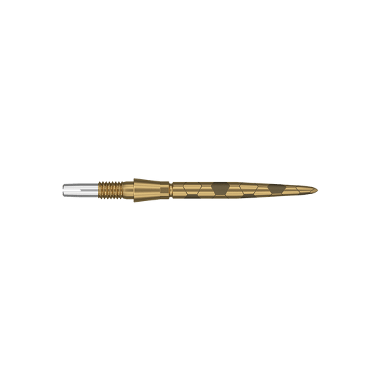 Target Swiss Storm Onyx Point Dart Tips - Gold Das Bild zeigt eine goldfarbene Dartspitze mit feinen eingravierten Mustern. Sie hat eine schlanke, spitz zulaufende Form und ist 26 mm lang.
