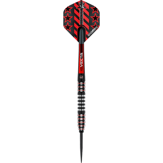 1483_Winmau_Joe_Cullen_Ignition_Series_Steeldarts_11w1LxS27IDqWq Das Bild zeigt einen modernen Steeldartpfeil mit schwarzer und roter Farbgebung. Auf dem Flight sind rote Sterne und der Schriftzug "Rockstar" zu sehen.