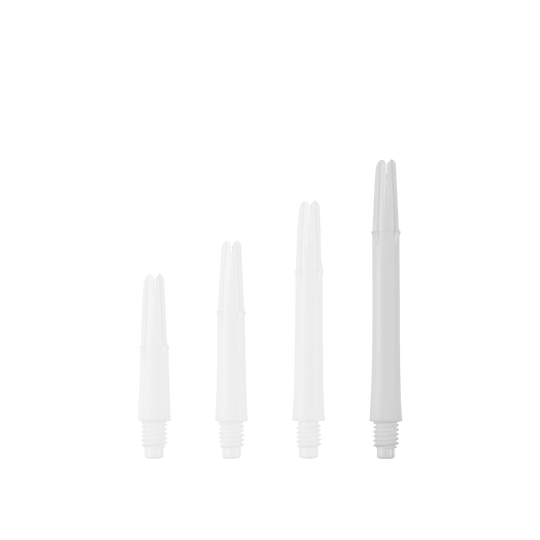 Das Bild zeigt vier weiße, gerade Dartshafts in unterschiedlichen Längen. Sie sind ohne Kappen und stehen nebeneinander aufgereiht.