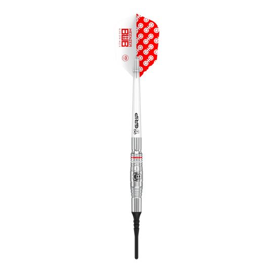 Bulls Niko Springer soft darts - 22g Auf dem Bild ist ein Bulls Niko Springer Softdart mit einem Gewicht von 22g zu sehen. Das Dart hat ein silbernes Barrel, einen weißen Schaft und ein Flight mit rotem Muster.