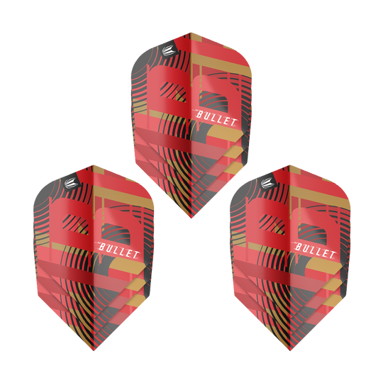 Target Pro Ultra Stephen Bunting GEN5 No6 Flights - 3 Sets Das Bild zeigt drei Sets von Target Pro Ultra Stephen Bunting GEN5 No6 Flights. Die Flights haben ein auffälliges Design in Rot, Schwarz und Gold mit dem Schriftzug "Bullet".