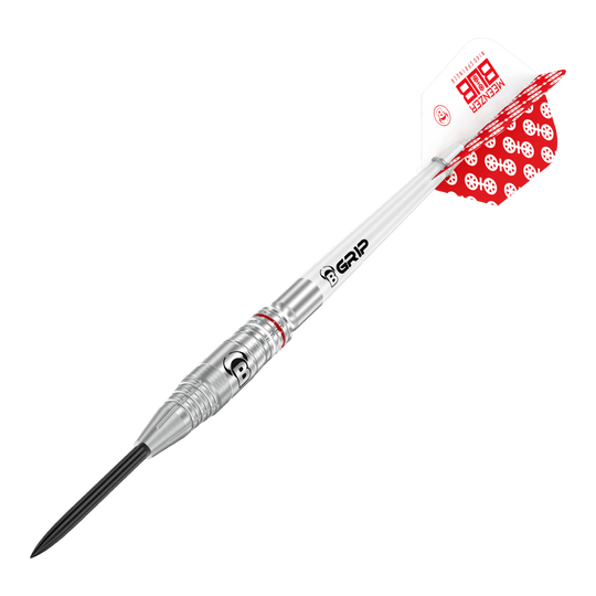 Das Bild zeigt einen Bulls Niko Springer Steeldart. Der Dartpfeil ist silberfarben und hat rote und weiße Flights mit Muster.