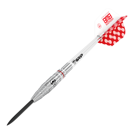 Bulls Niko Springer steel darts Das Bild zeigt einen Bulls Niko Springer Steeldart. Der Dartpfeil ist silberfarben und hat rote und weiße Flights mit Muster.