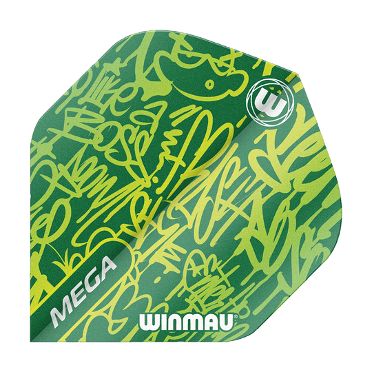 6900-241_Winmau_Mega_Green_Standard_Flights_1 Winmau Mega Green Standard Flights werden gezeigt. Die Flights sind großflächig und kontrastreich.