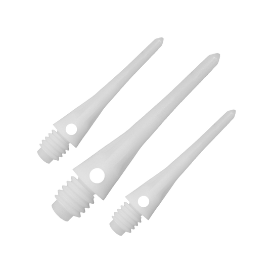 CO-00071_Condor_Tip_Zero-Stress_Softdartspitzen_Weiss_1 Das Bild zeigt drei weiße Softdartspitzen mit Gewinde. Sie sind länglich geformt und liegen nebeneinander auf einer neutralen Fläche.