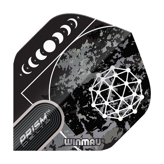 Das Bild zeigt das Produkt "Winmau Prism Delta Callisto No2 Standard Flights". Es hat ein schwarzes Design mit Mondphasen und geometrischem Muster.