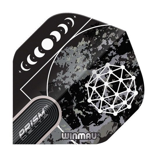 Winmau Prism Delta Callisto No2 Standard Flights Das Bild zeigt das Produkt "Winmau Prism Delta Callisto No2 Standard Flights". Es hat ein schwarzes Design mit Mondphasen und geometrischem Muster.