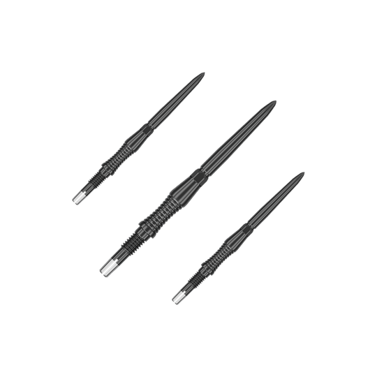 Das Bild zeigt schwarze Dartspitzen mit RST-Design, 30mm, von Target Swiss Point. Die Aufnahme präsentiert die Spitzen als Set.