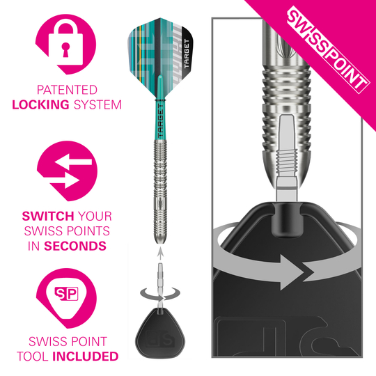 Target Hydro 01 Swiss Point steel darts Das Bild zeigt die Target Hydro 01 Swiss Point Steeldarts. Die Darts befinden sich im Fokus der Aufnahme.