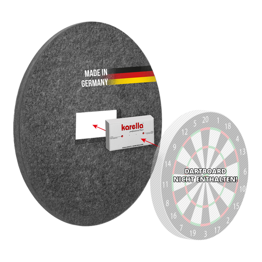 Karella soundproofing for steel dartboards with integrated surround ring Dieses Bild zeigt den Schallschutz Karella für Steeldartboards mit integriertem Surround Auffangring. Das Produkt dient zur Geräuschdämmung beim Dartspielen.