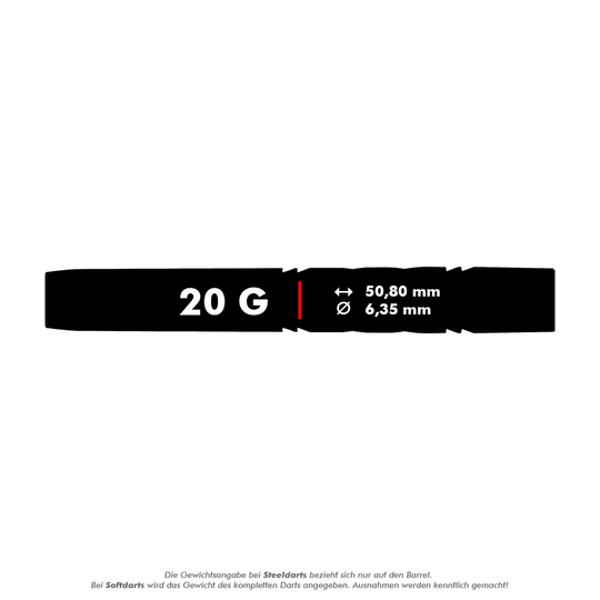 RD2542_Red_Dragon_Gerwyn_Price_Avalanche_Pro_Softdarts_5_20g Das Bild zeigt die Produktinformation für die Red Dragon Gerwyn Price Avalanche Pro Softdarts mit einem Gewicht von 20 g. Die Maße des Darts sind 50,80 mm Länge und 6,35 mm Durchmesser.