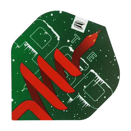 WF-2_Target_Merry_Christmas_Flights_Nathan_Aspinall_1B9w6m4JtYHPuM Das Bild zeigt einen Dartflight mit grünem Hintergrund und weihnachtlichen Schneeeffekten. Darauf ist eine rote Schlange abgebildet, die sich über das Design windet.