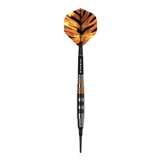 Das Bild zeigt einen Softdart namens "Mission Javan Brass Softdarts - 18g". Der Dart hat eine schwarz-orangene Spitze und eine Flügel mit einem Tigerstreifenmuster.
