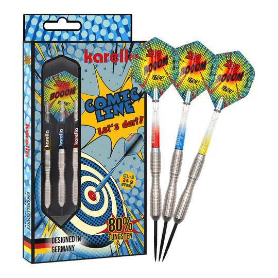 Das Bild zeigt das Produkt Karella Comic Line CL-3 Steeldarts - 24g in voller Länge. Die Steeldarts sind klar zu erkennen.