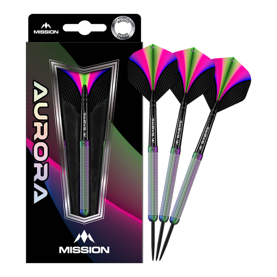 Das Bild zeigt eine Packung mit Mission Aurora Coral PVD Steeldarts in 23g. Die Darts haben ein auffälliges, buntes Design mit schwarzen, grünen, pinken und blauen Akzenten.