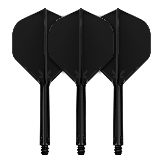 Target K-Flex No2 Standard Flight System - Black Auf dem Bild sind drei schwarze Dartflights mit Schaft zu sehen. Sie stehen nebeneinander und haben eine standardmäßige, gerade Form.